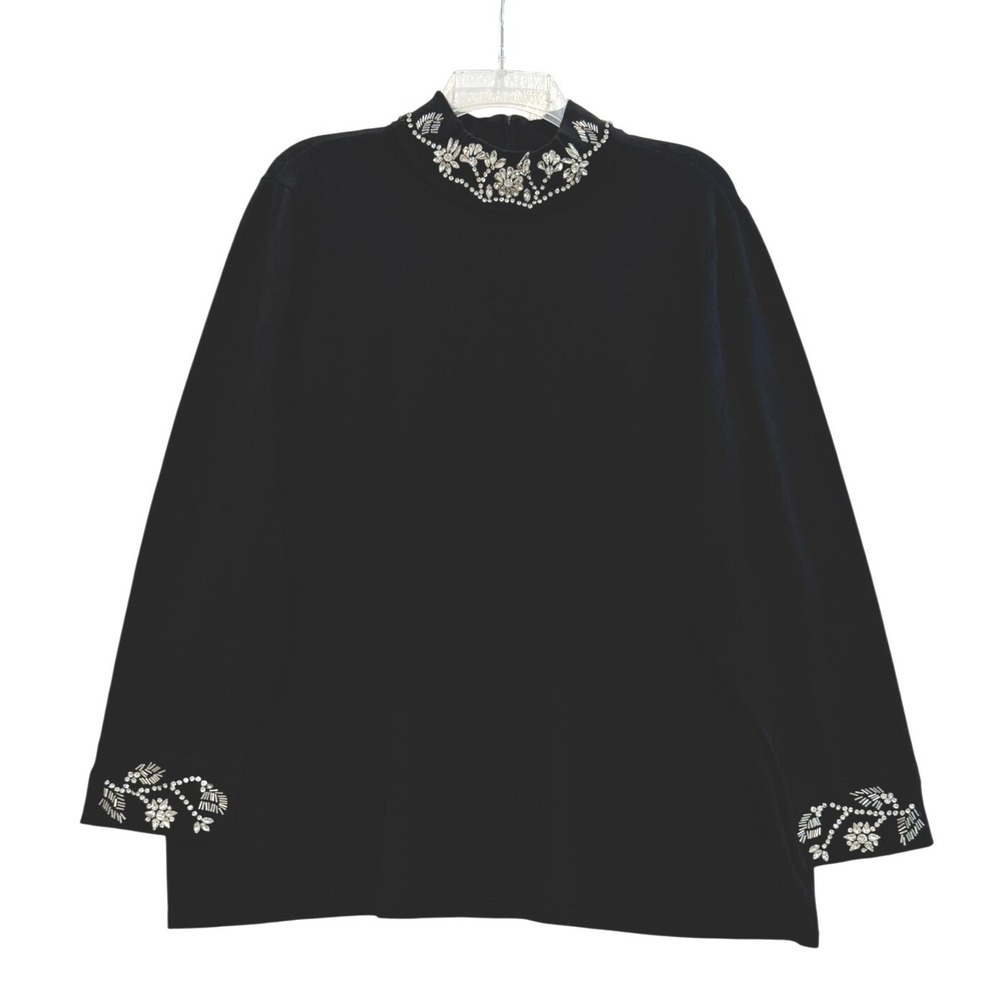 Chicos‎ Black Embellished Mock Neck Sweater Rhinestone Floral Size 4 XXL